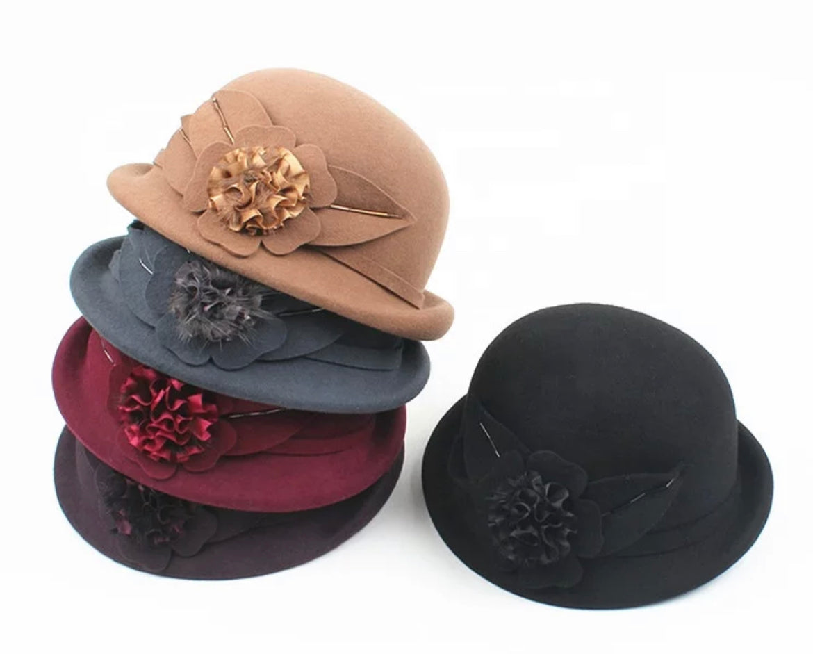 Black Wool Flower Felt Hat