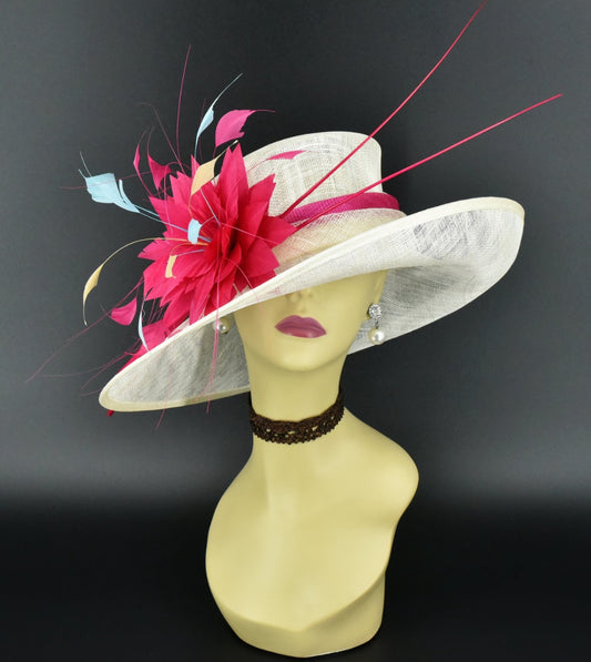 Fuchsia and White Sinamay Hat