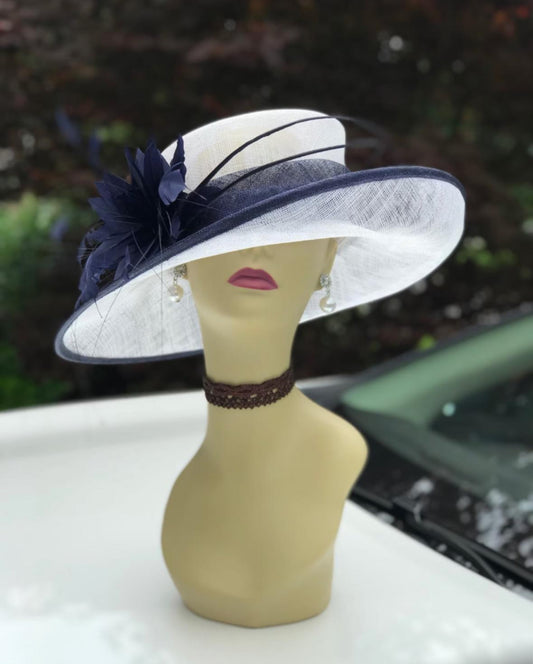 Navy and White Sinamay Hat