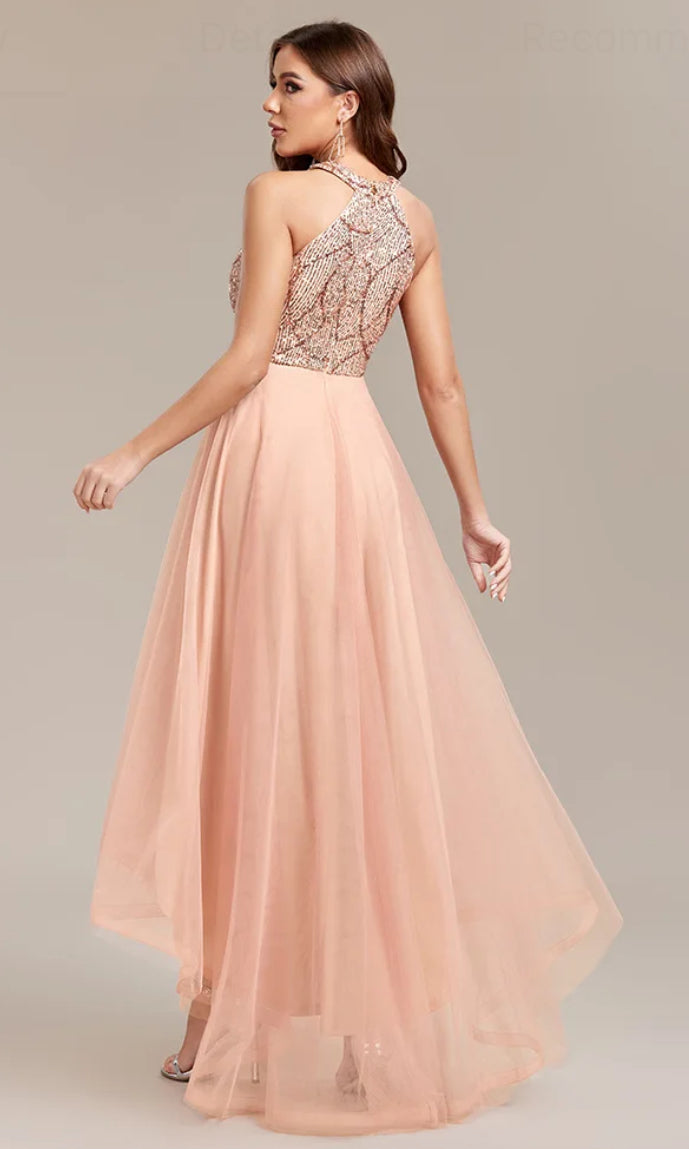 Peachy Pink sequin ruffle ball gown