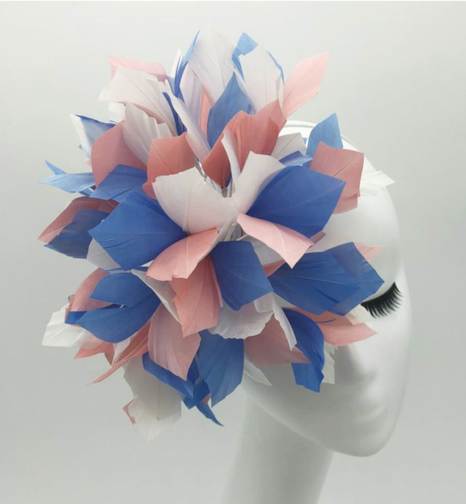 Pink Blue & white Fascinator on hairclip