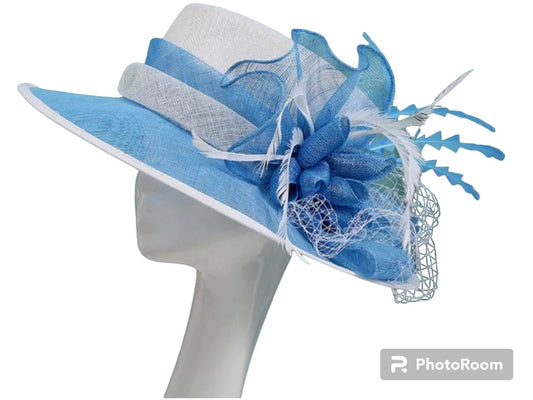 Blue and White Sinamay Hat