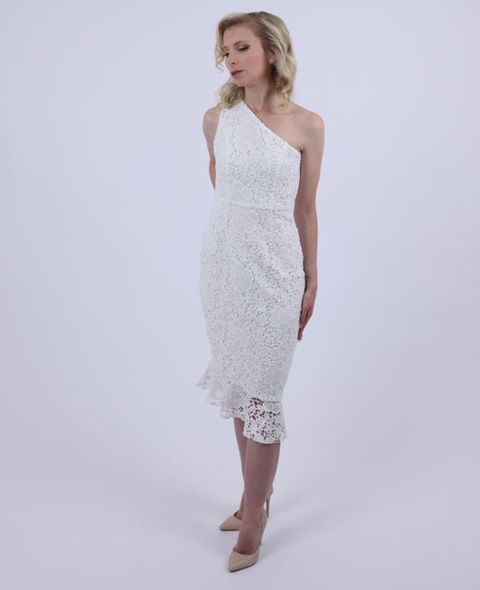 One shoulder lace dress White