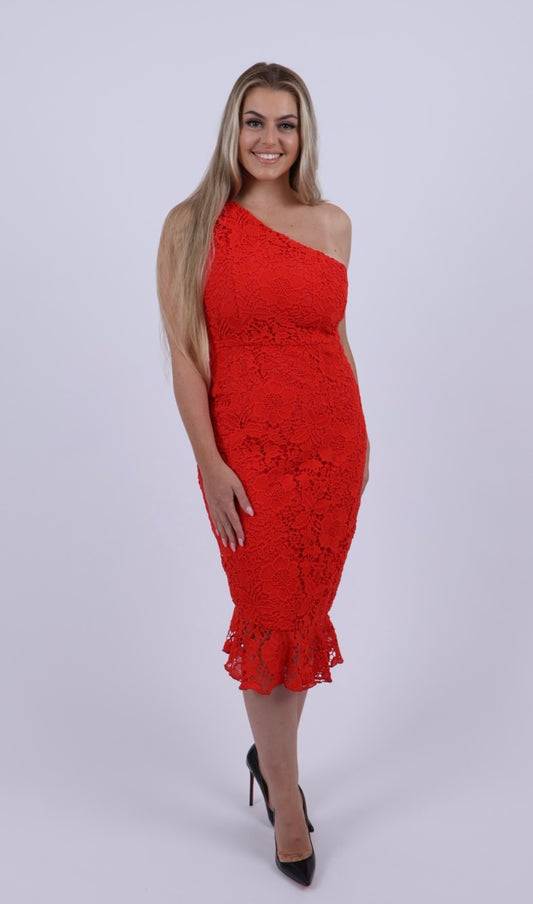 One shoulder lace dress Red