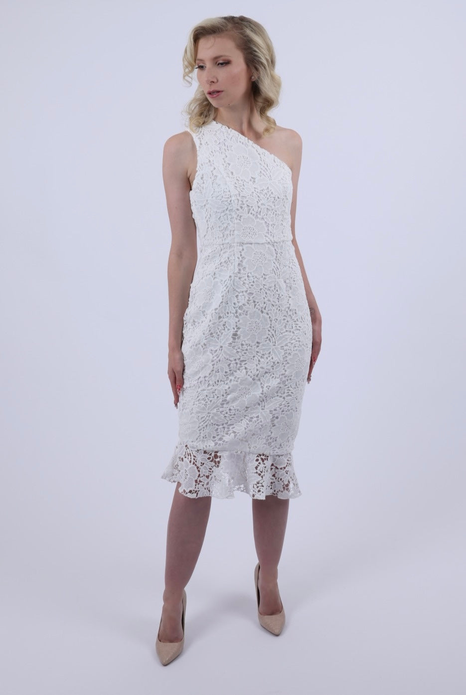 One shoulder lace dress White